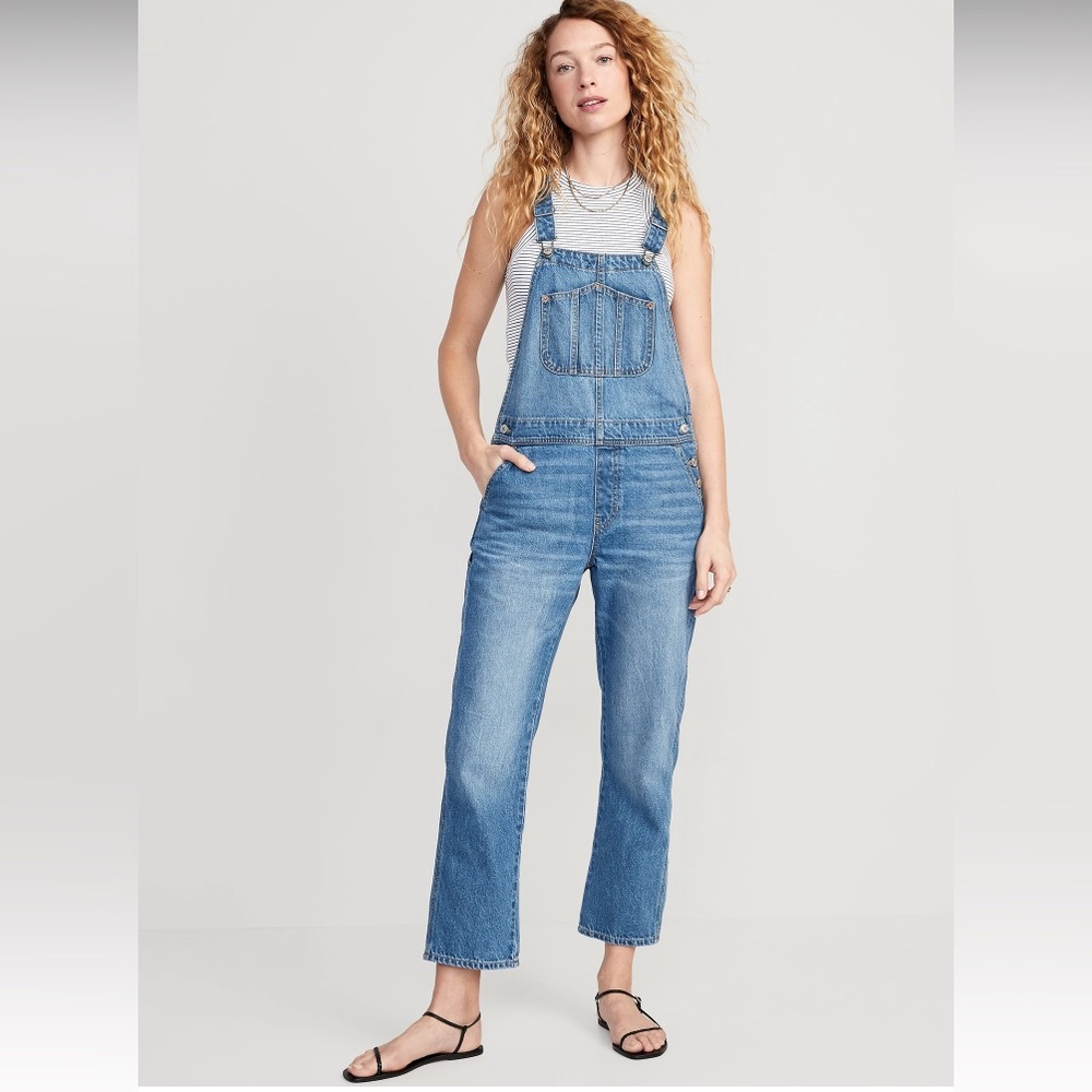 Old Navy Slouchy Straight Ankle Blue Denim Overalls